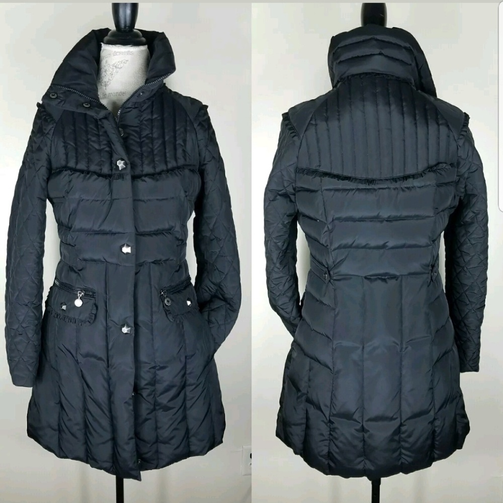 Betsey Johnson Black Quilted Long Puffer Coat with High Collar